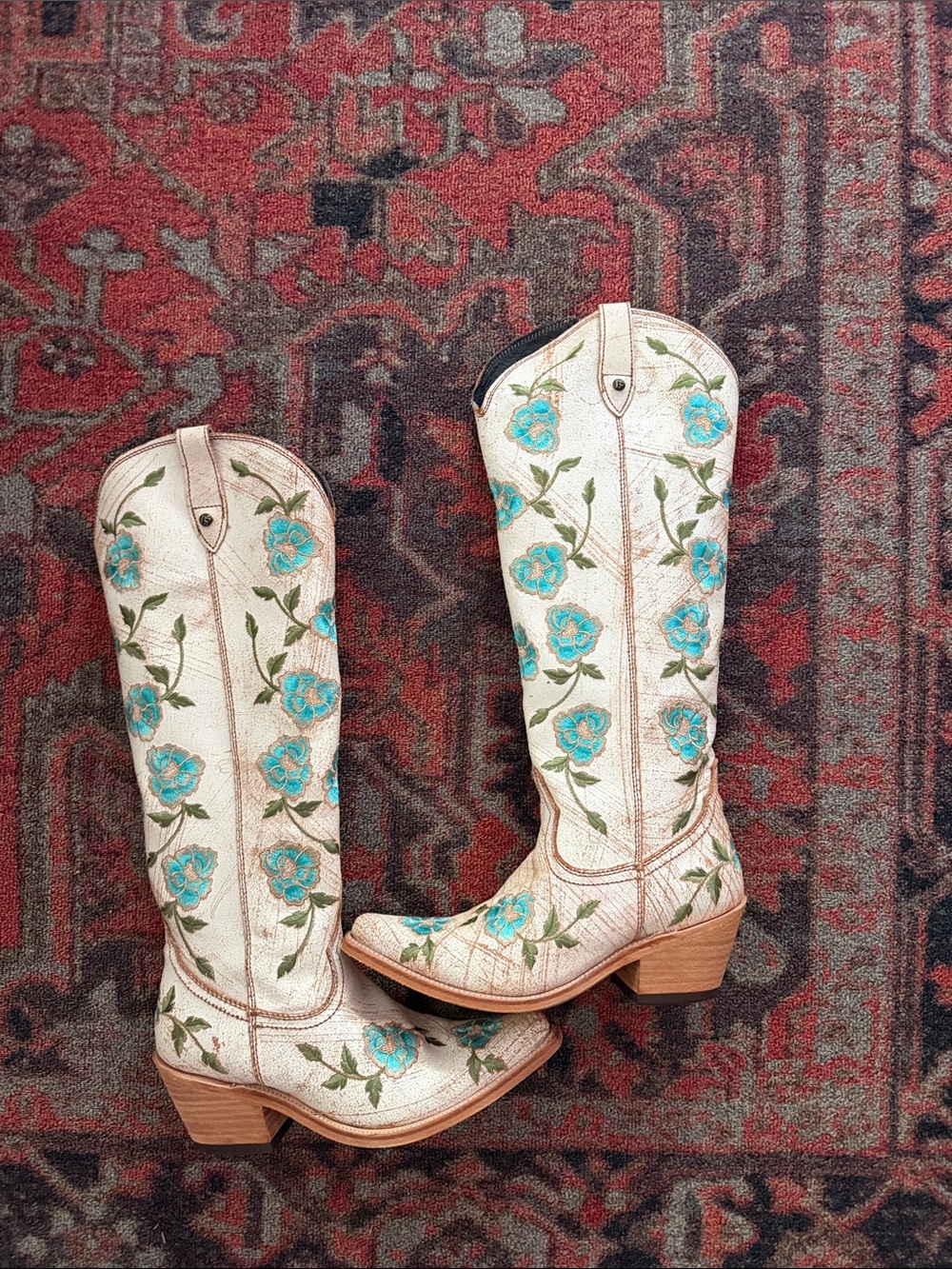 Liberty Black White Embroidered Floral Cowboy Boots - Turquoise Flowers